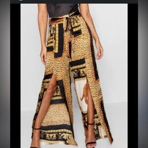 Boohoo Night Satin Leopard Scarf Print Slit Front Wide Leg Pants 6